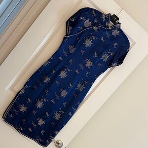 Elegant Blue Floral Cheongsam Dress